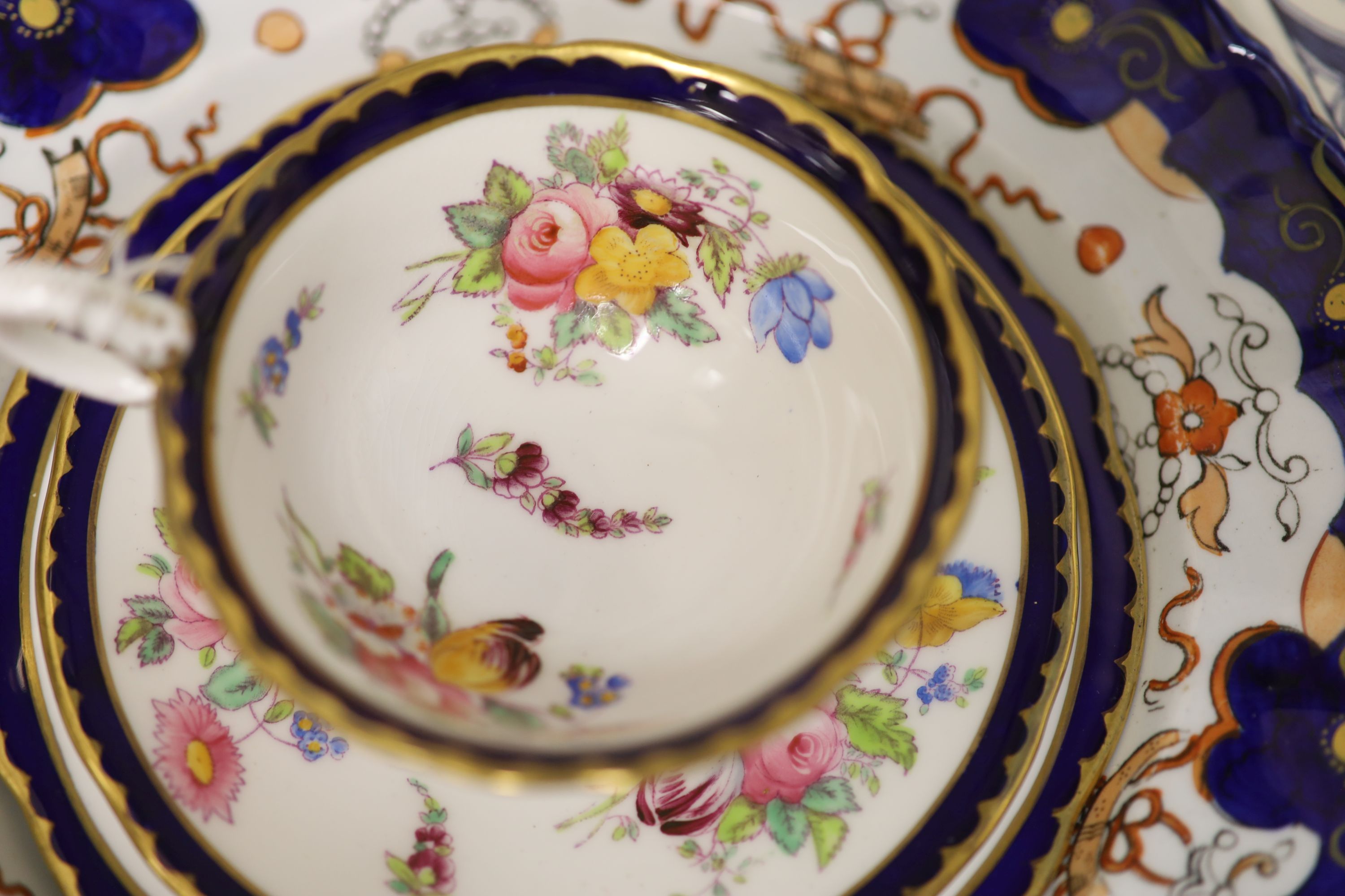 A Coalport cobalt blue dish with painted reserve of Kilchurn, heightened in gilt and sundry ceramics,